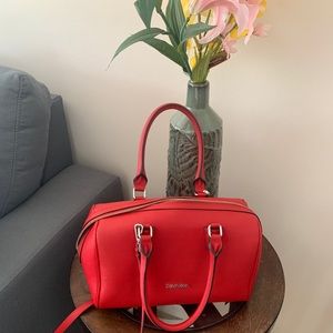 Red Leather Calvin Klein crossbody bowling bag
